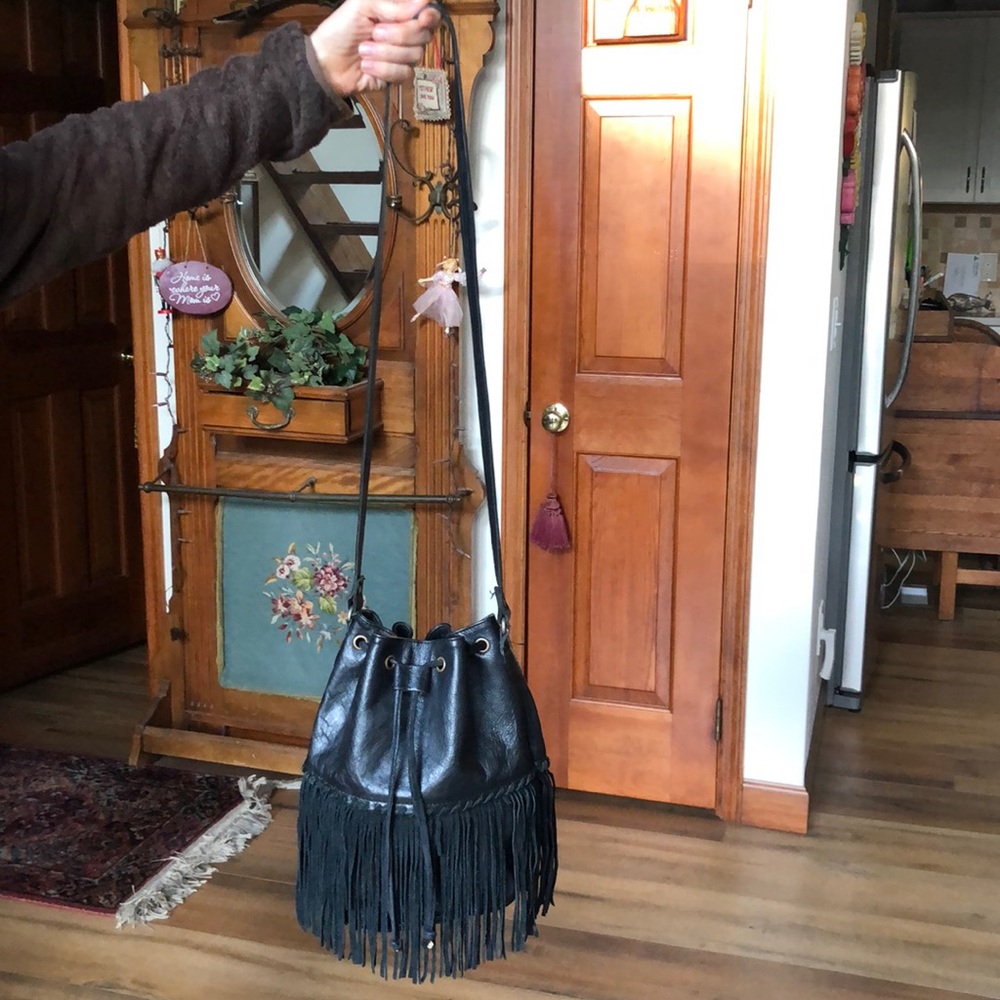 Black Genuine Leather Tassel Crossbody